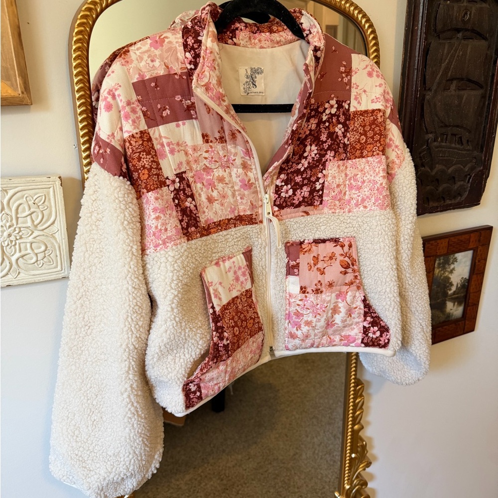 Altar'd State Pink and Cream Patchwork Teddy Jacket